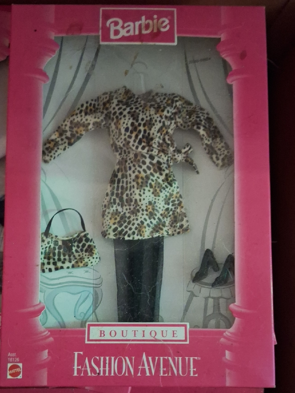 Vintage Barbie Leopard Print Coat Outfit with Black Pants and Pink Box